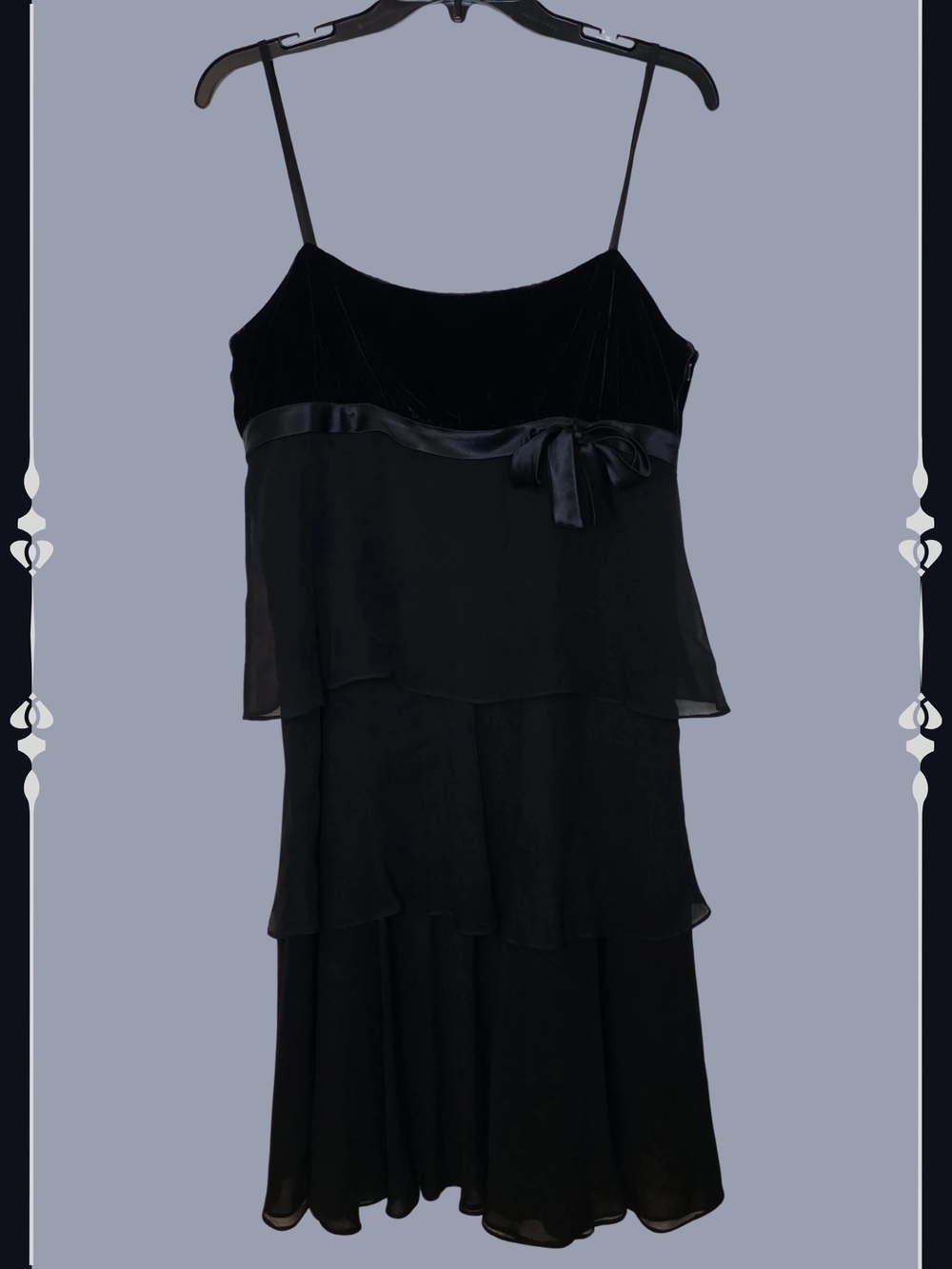 Vintage 90s Y2K Nine West Black Silk Velvet Ruffle Tiered Skirt Mini Dress